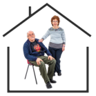 Two people inside an outline of a house.