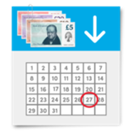 A calendar with a date circled. There are some bank notes above the calendar, and an arrow next to the notes is pointing to the date.