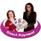 A social worker standing with a person who is holding some bank notes. The text underneath them says 'Direct payment'.