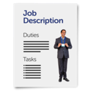 A job description. There is a picture of a person on it, and headings saying 'duties' and 'tasks'.