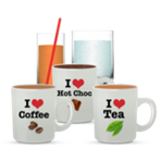 Mugs of tea, coffee and hot chocolate and cold drinks.