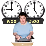 A person typing on a laptop, in front of two clocks. The time on one clock is 9:00. The time on the other clock is 5:00.