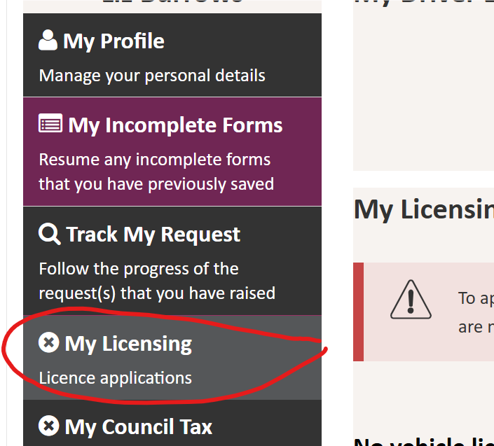 Screenshot from MyDoncaster account of My Licensing option